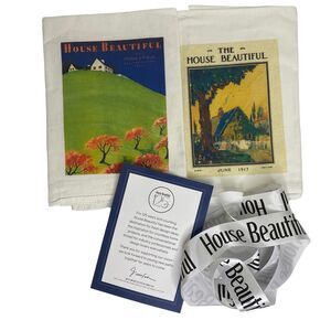 2 House Beautiful Tea Hand Towels Vintage Graphics Ribbon Notecard Farmhouse